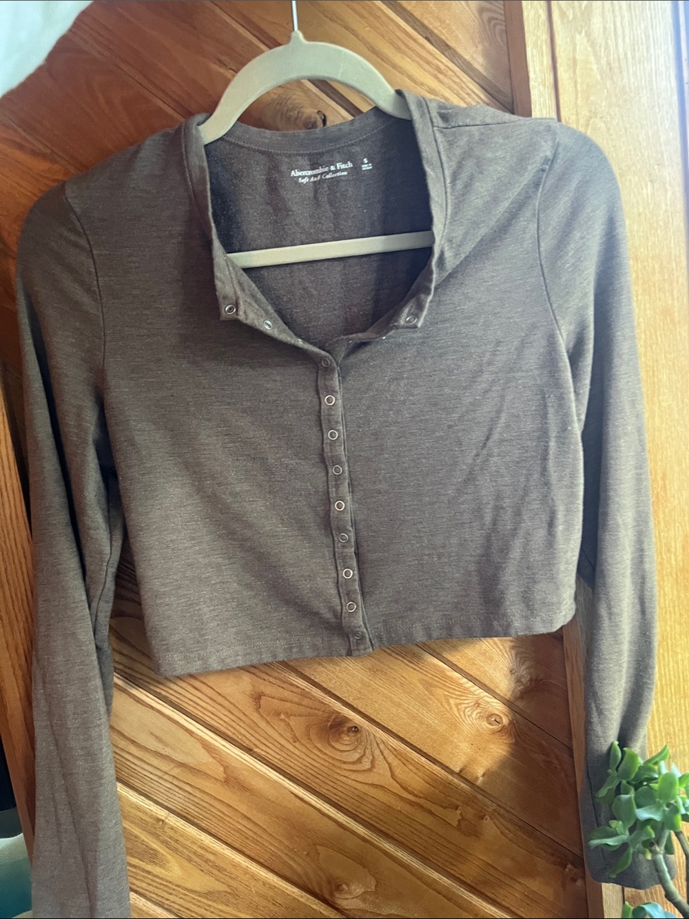 Abercrombie & Fitch Brown Cropped Snap-Front Long Sleeve Top